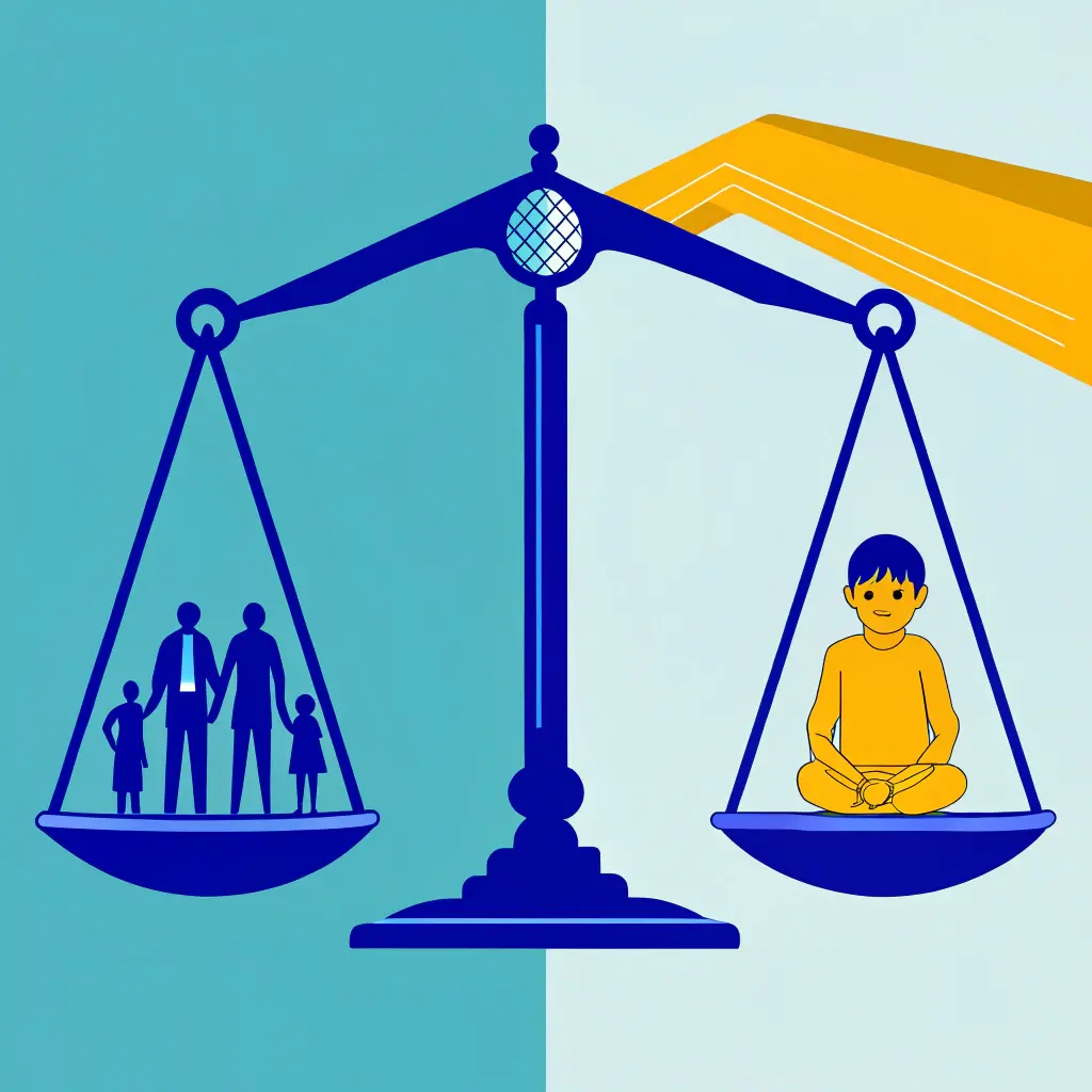 Assistance éducative : 5 clés pour comprendre la procédure devant le juge des enfants 3 Balance tenue par une main : d’un côté la famille, de l’autre une structure d’accueil, l’enfant assis au centre.