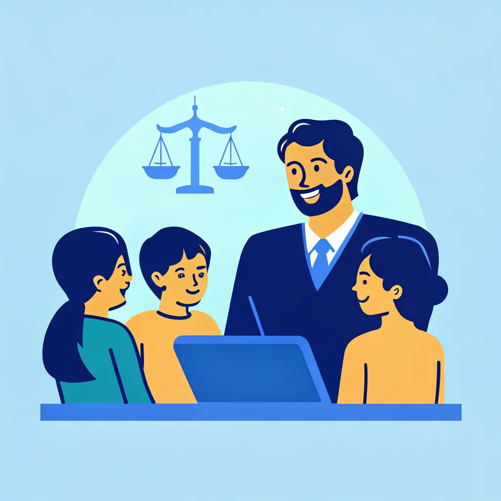 Assistance éducative : 5 clés pour comprendre la procédure devant le juge des enfants 4 Famille autour d’une table face à une avocate souriante ; une balance de la justice discrète en toile de fond.
