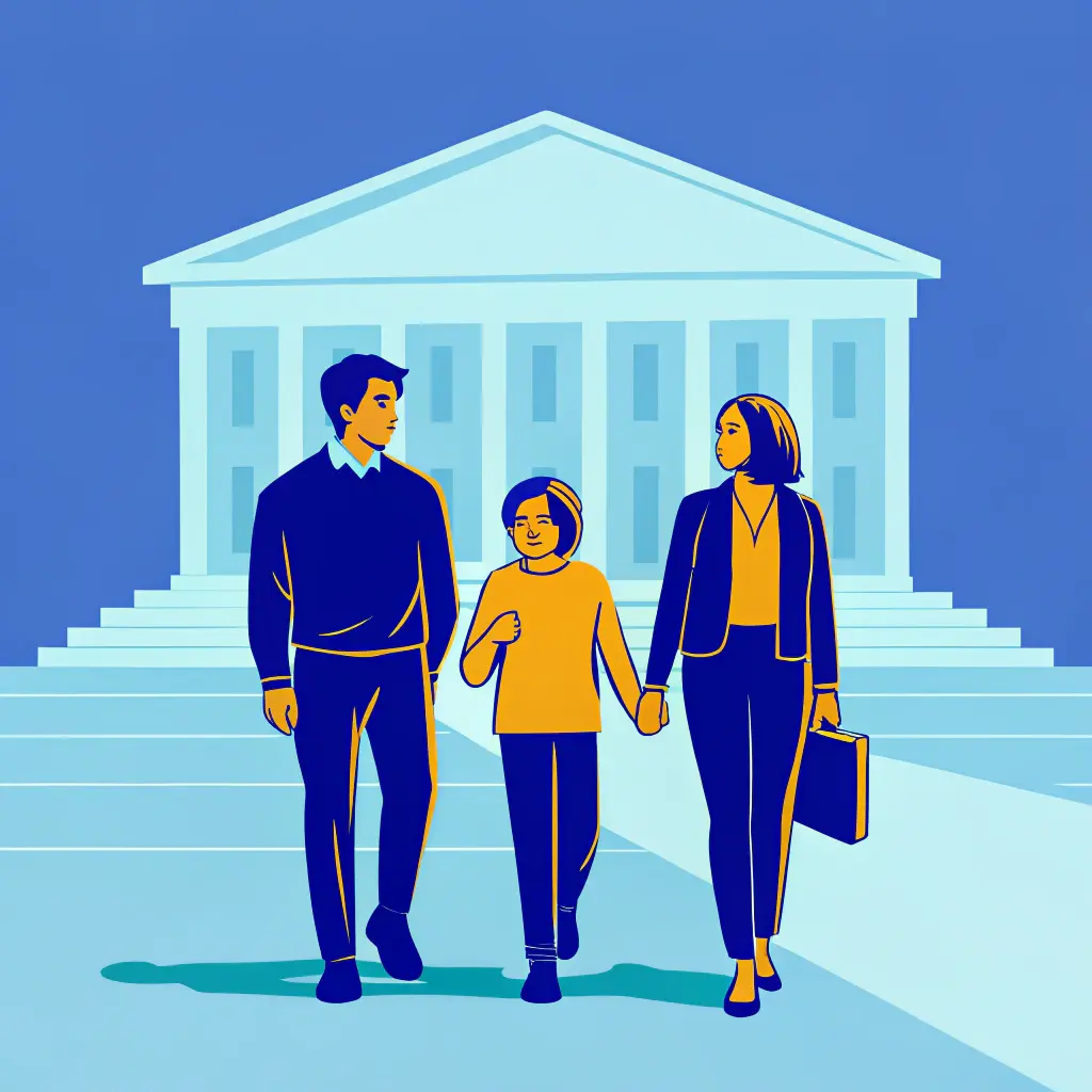Assistance éducative : 5 clés pour comprendre la procédure devant le juge des enfants 2 Groupe (parents, adolescent, travailleur social) avançant vers un tribunal, symbolisant la saisine et l’audience.