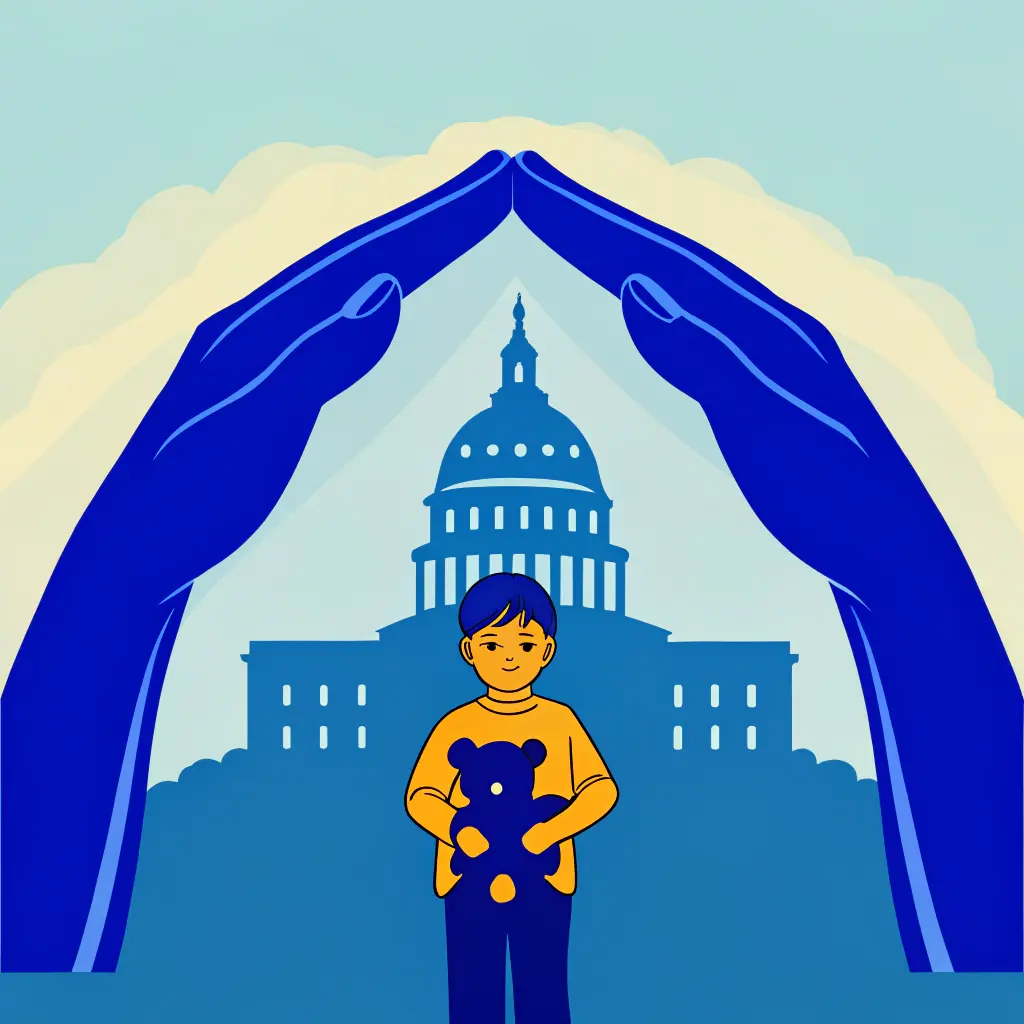 Assistance éducative : 5 clés pour comprendre la procédure devant le juge des enfants 1 Mains protectrices formant un abri autour d’un enfant tenant son ourson, avec la silhouette d’un palais de justice en arrière-plan.