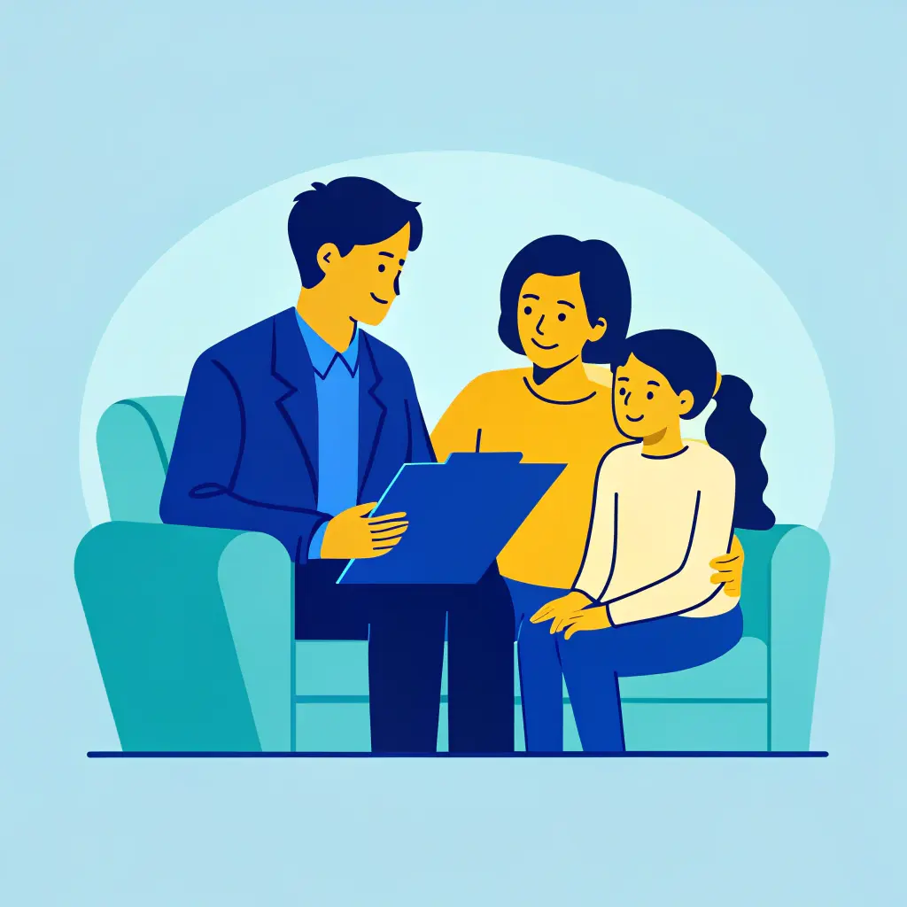 Assistance éducative : 5 clés pour comprendre la procédure devant le juge des enfants 5 Scène de consultation : l’avocate présente un dossier et rassure la famille, ambiance chaleureuse et collaborative.