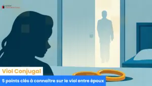 llustration réaliste, ambiance tamisée ; jeune femme assise au bord d’un lit, regard baissé ; silhouette masculine floue en arrière-plan près de la porte ; deux alliances posées sur une table de nuit ; palette de couleurs neutres et sombres ; lumière douce mais dramatique ; atmosphère de tension — thème : « viol conjugal ».