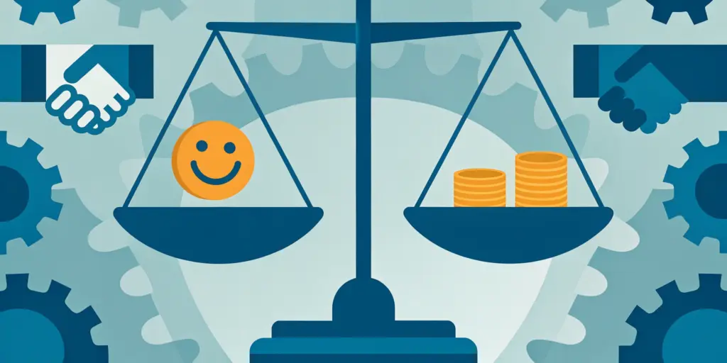 Illustration conceptuelle en format 2:1 montrant une balance avec d'un côté des éléments positifs (sourires, poignées de main, apaisement) et de l'autre des défis (cartes de France inégales, manque de moyens), style illustratif nuancé, palette équilibrée, représentant un bilan contrasté, sans texte