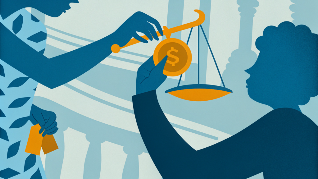Classement sans suite : que faire ? Saisissez le doyen des juges d’instruction 4 Balance de justice portant une pièce d’euro/dollar stylisée d’un côté et un dossier partie civile de l’autre, cadrage rapproché
