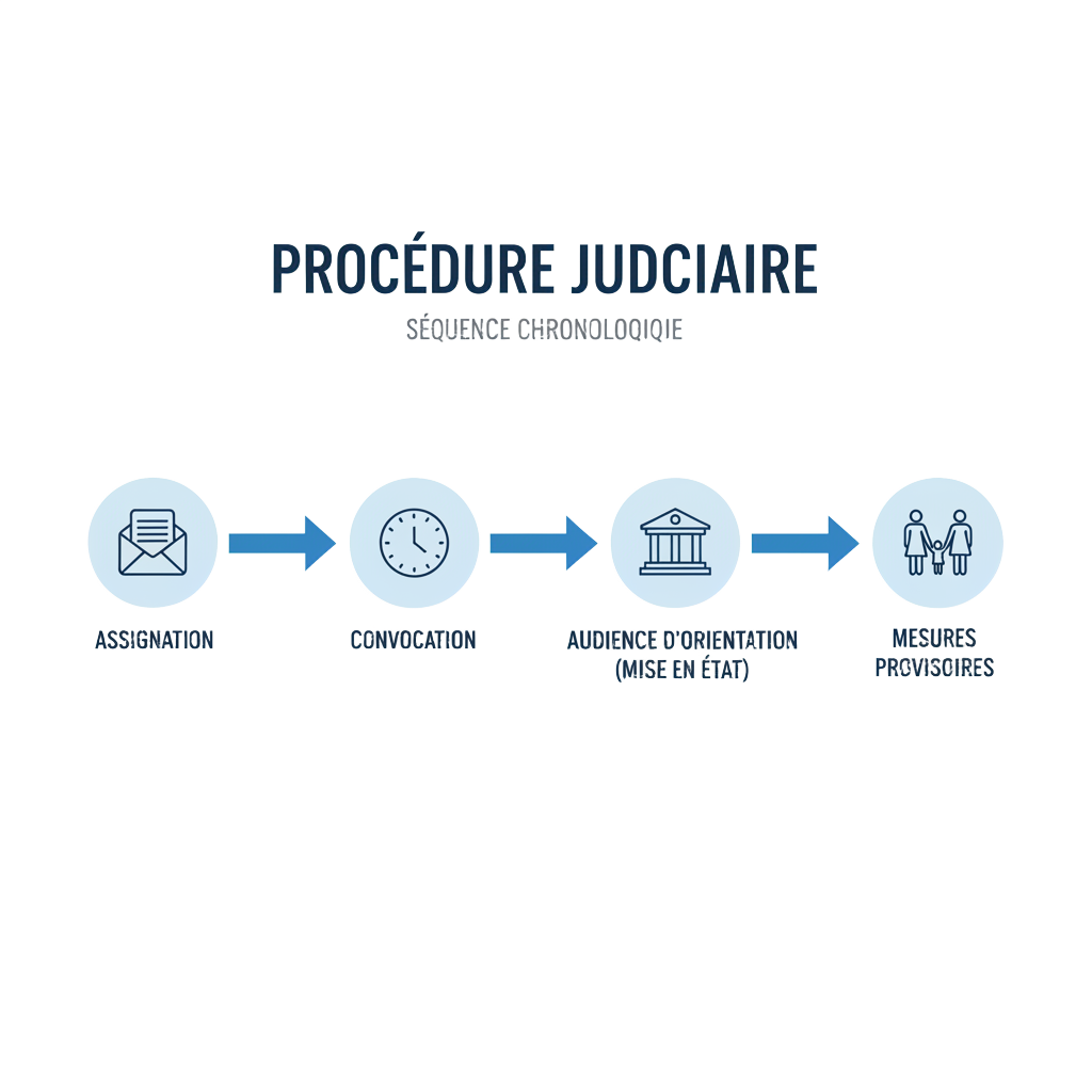 Audience d’orientation et mesures provisoires en divorce 1 Infographie chronologique claire expliquant la séquence : Assignation → Convocation → Audience d’orientation (mise en état) → Mesures provisoires