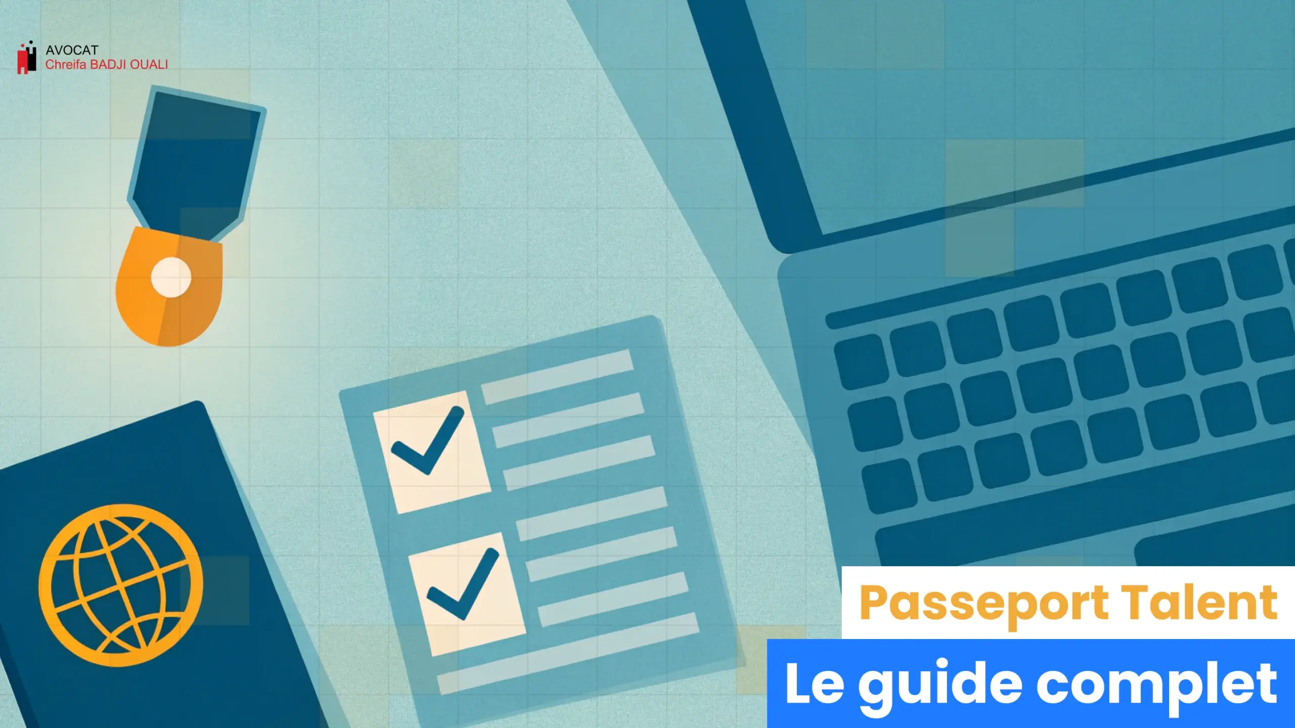 Illustration minimaliste d’une check-list géante avec cases cochées, passeport stylisé et laptop ouvert, style vectoriel propre, lumière douce,